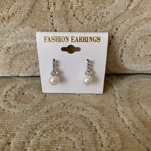 Faux White Pearl & Rhinestones Earrings